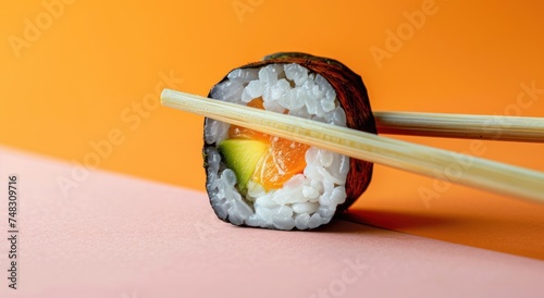 sushi with wooden chopsticks on it photo