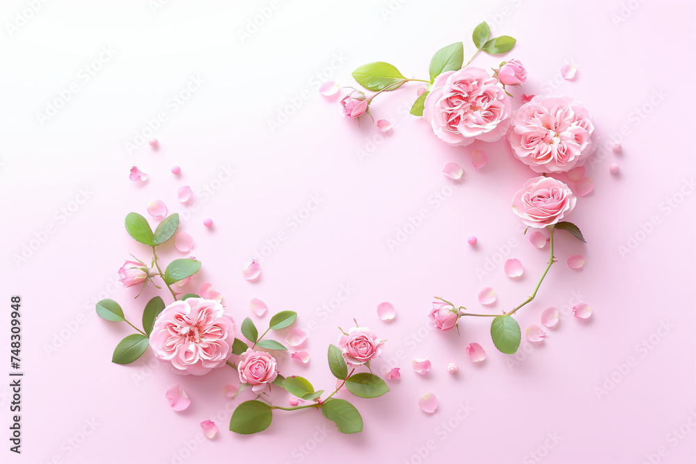 Frame made of rose flowers, petals and heart shaped confetti on light pink background. Floral composition. Valentine's, Mother's and Women's day greeting card with copy space Frame made of rose flowers, petals and heart shaped confetti on light pink background. Floral composition. Valentine's, Mother's and Women's day greeting card with copy space
