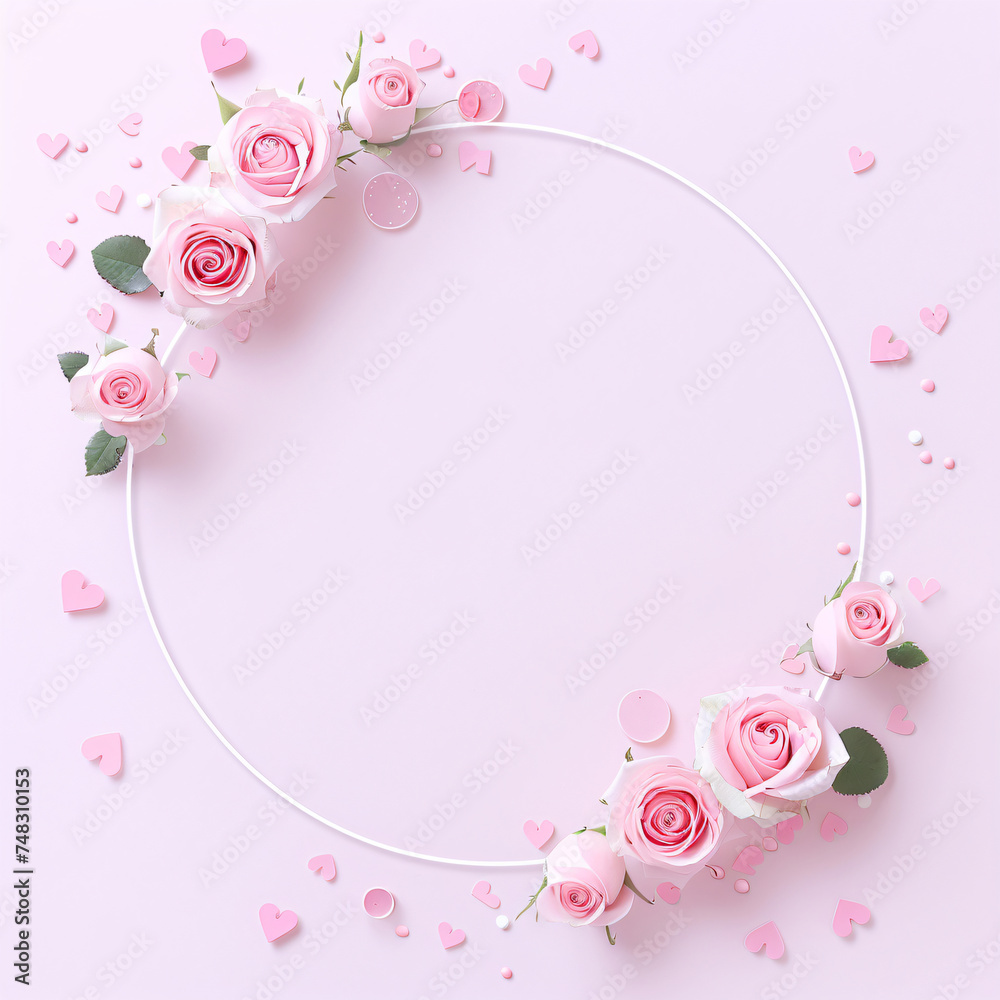 Frame made of rose flowers, petals and heart shaped confetti on light pink background. Floral composition. Valentine's, Mother's and Women's day greeting card with copy space