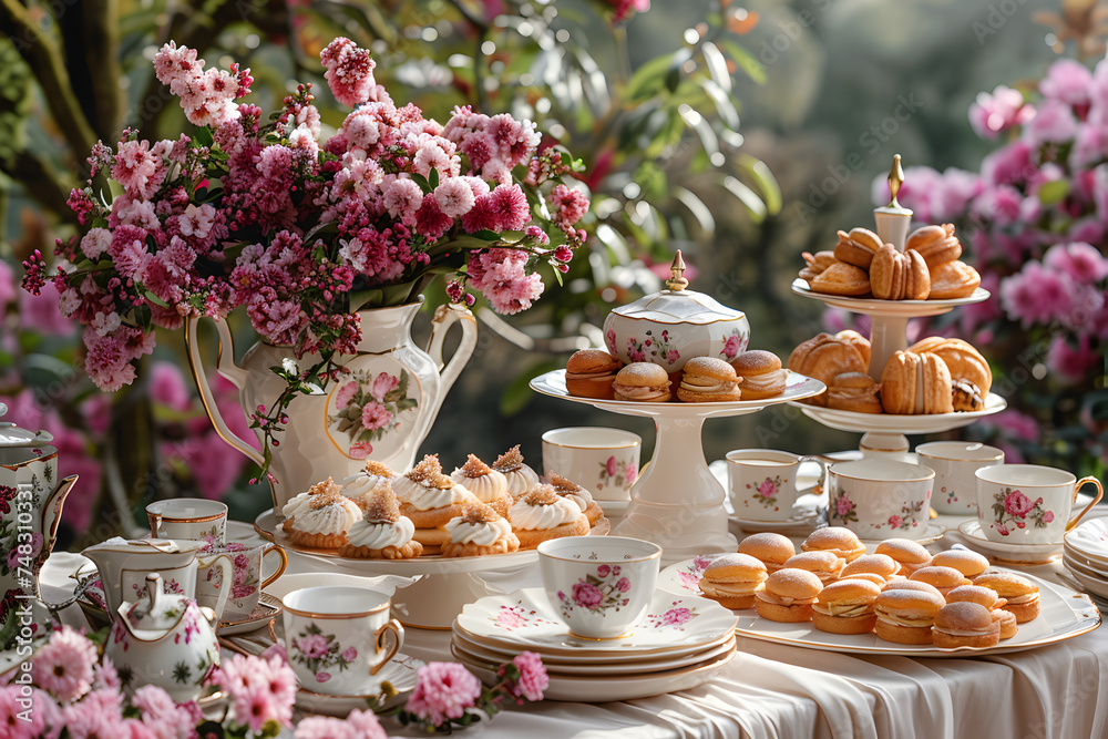 An elegant Easter tea party in a lush garden with vintage teacups.