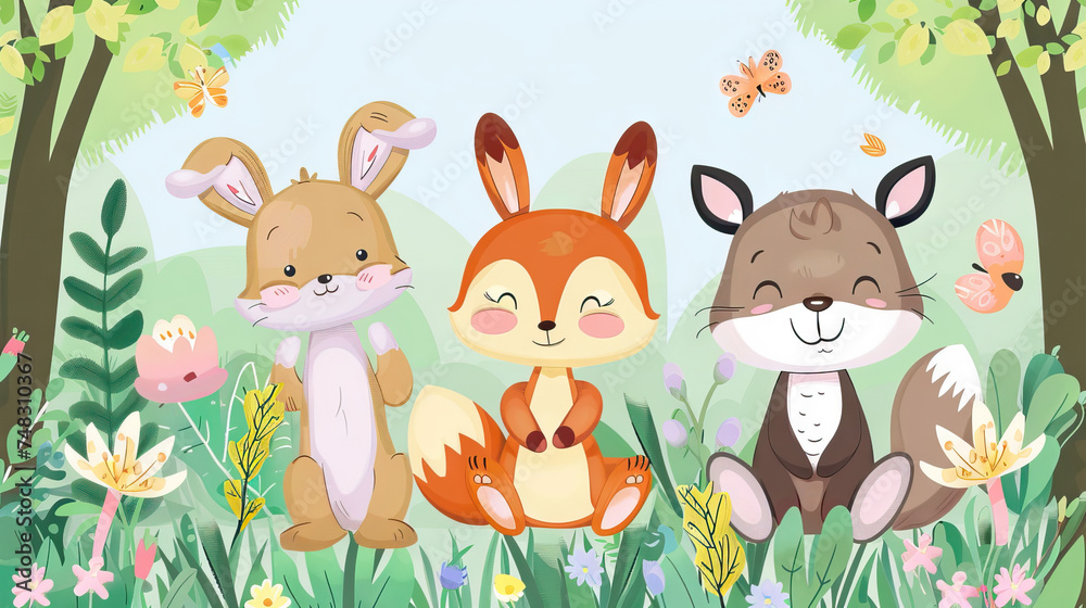 Naklejka premium Whimsical Woodland Creatures: Cute Animal Characters for Children's Games. Icon Concept Isolated Premium Vector.