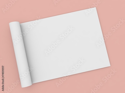 Rolled up roll of white paper A4 size on a orange background. 3d render illustration.