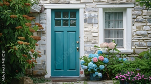 A detail of a front door on home with stone and white bricking siding  beautiful landscaping  and a colorful blue - green front door. 