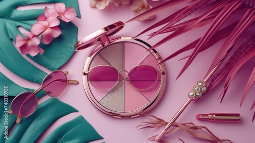 a pair of pink heart shaped sunglasses sitting on top of a mirror next to a pair of pink heart shaped sunglasses.