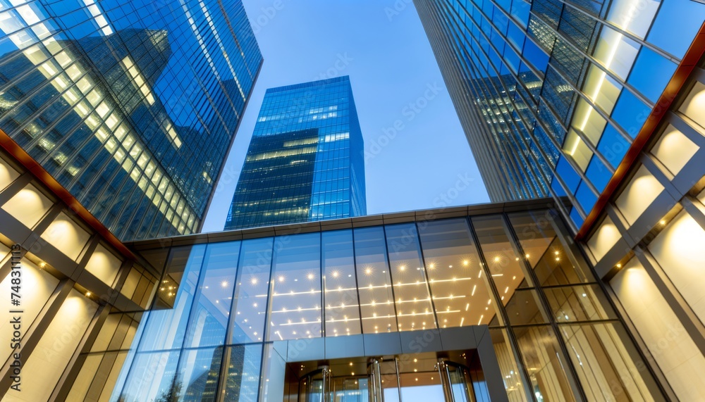 From below of entrance of office building next to contemporary high rise structures with glass mirrored walls and illuminated lights  against cloudless blue sky