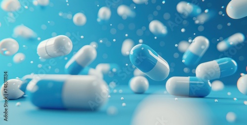 blue and white pills scattered on a blue background