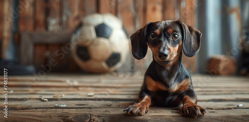 dachshund and a soccer ball in the background