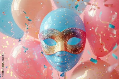 colorful mask balloon and colorful balloons on pink background