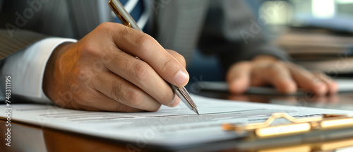 business man signing contract using pen in office with paperwork