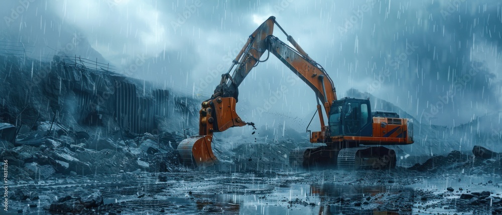 construction site in a rain day excavator construction site in a rain day excavator