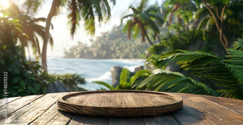 blank timber wooden platter by ocean in tropical background and palm trees