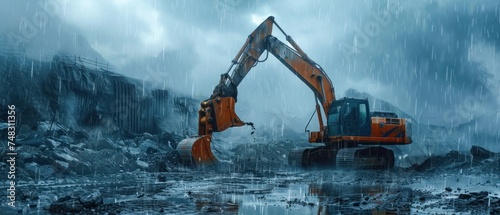 construction site in a rain day excavator