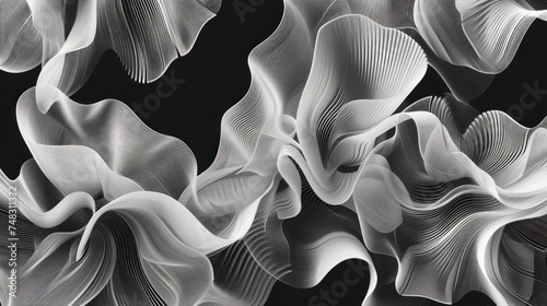 a black and white photo of a bunch of flowers on a black background with a white swirl in the middle of the image. photo
