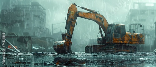 construction site in a rain day excavator