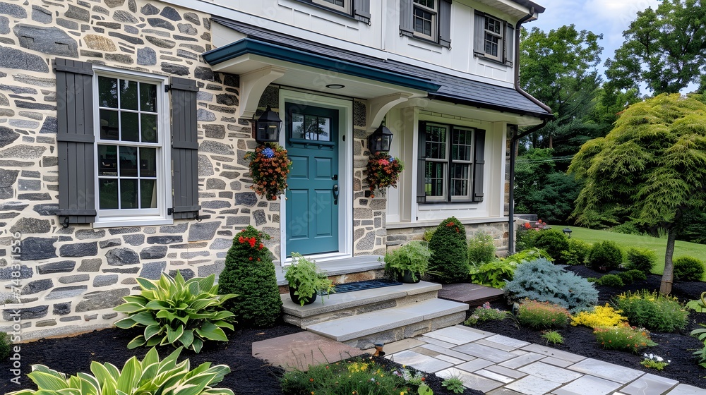 A detail of a front door on home with stone and white bricking siding, beautiful landscaping, and a colorful blue - green front door.
