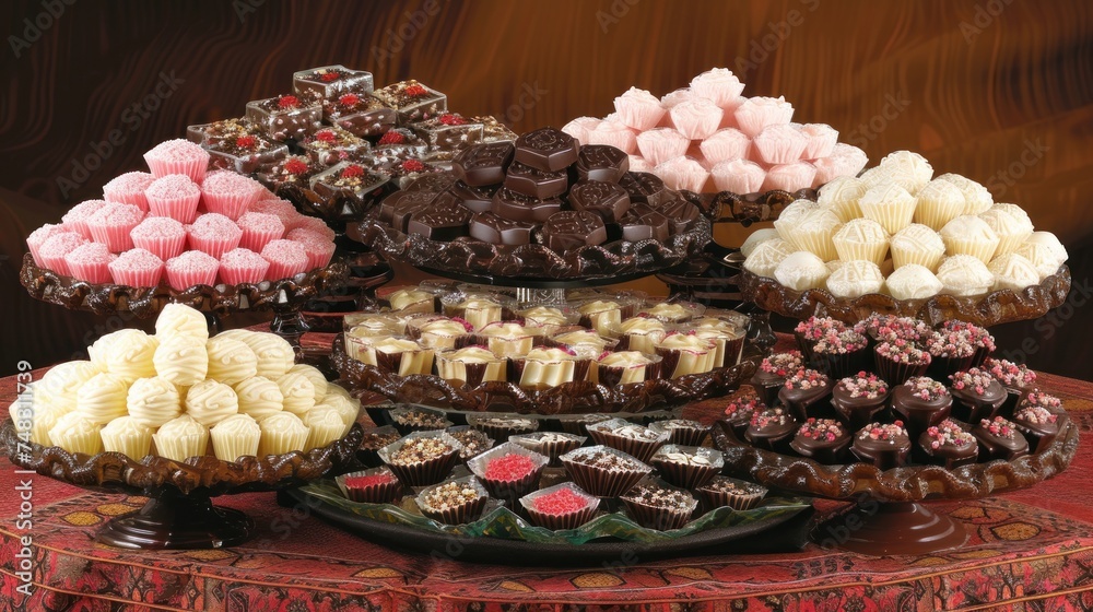 a table topped with lots of different types of cakes and cupcakes on top of a red table cloth.