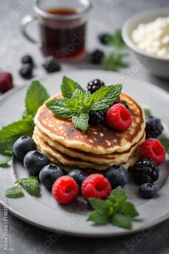 Pancakes with berries, mint leaves and delicate cream on a plate in bright daylight. Shrovetide.
