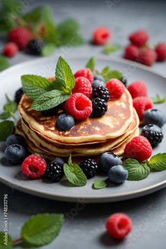 Pancakes with berries, mint leaves and delicate cream on a plate in bright daylight. Shrovetide.