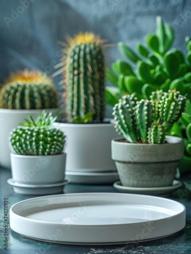 Focus on the empty white round tray in the foreground, with a small number of potted cactus plants as the background, front view, minimalist stage design, elegant and smart --ar 3:4 