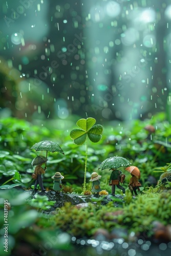 This is a miniature scene. In the middle of the picture is a clover. Some people are holding umbrellas next to the clover. Lush scenery, spring, rain, soft  © Marvin