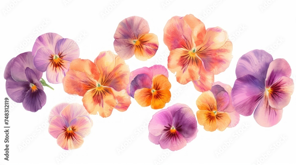 a group of purple and orange pansies on a white background with a green stem in the middle of the pansies.