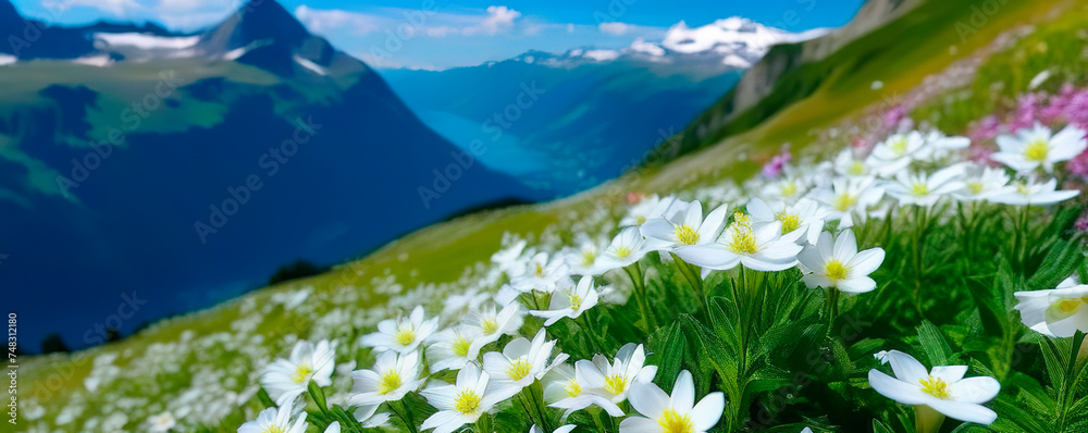 Snowdrops flowers mountains scene snowy early spring copy space travel vacation fresh plants leaves sunny day horizontal banner - obrazy, fototapety, plakaty 