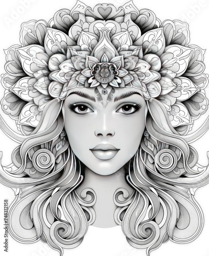 kaleidoscopic mandala happy woman ,coloring hair, mandal art, blooming, coloring book, black white ,well composed, No dither, crisp lines,thick 