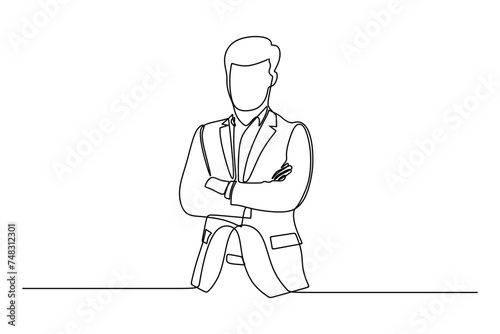 Continuous line drawing of businessman standing with crossed arms. Continuous line style. Hand drawn. Vector design. Illustration