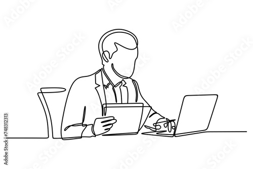 Continuous one line drawing of businessman working with laptop and documents. Continuous line style. Hand drawn. Vector design. Illustration