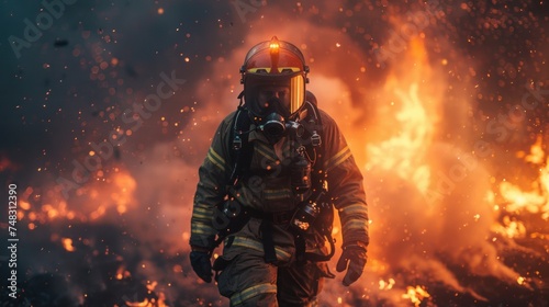 A firefighter bravely walks through a fire filled with intense flames