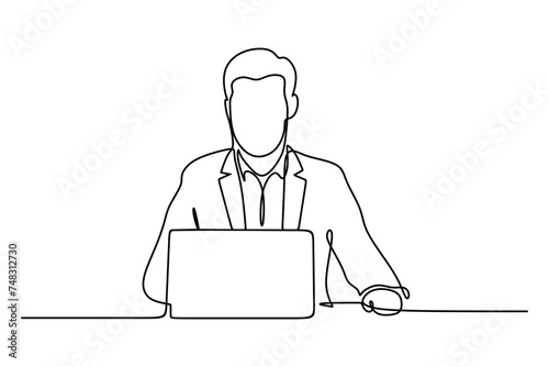 Continuous line drawing of businessman working with laptop. Continuous line style. Hand drawn. Vector design. Illustration