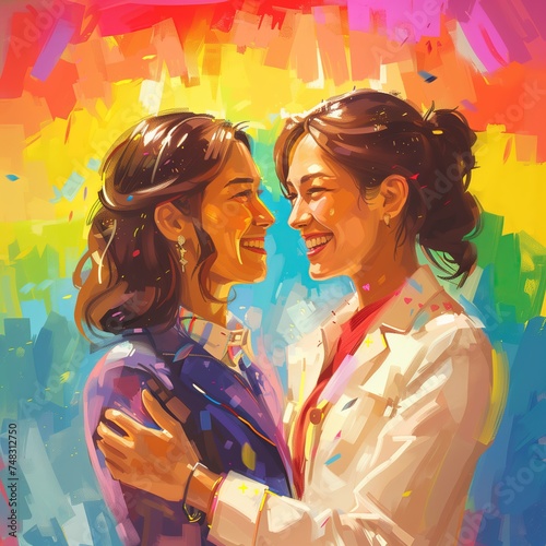  LGBT Wedding  Female Couple Embracing  Rainbow Background