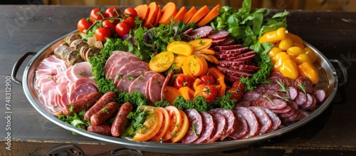 A variety of meats including salami, sliced ham, and sausage are displayed on a platter alongside fresh tomatoes, salad, and assorted vegetables on a wooden table.