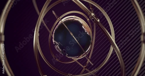 Globe with rotating golden gyroscope rings looped news backgound photo