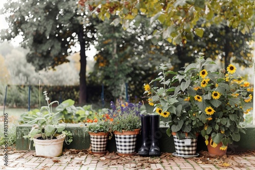 Cheerful Garden with Wellington Boots and Potted Sunflowers