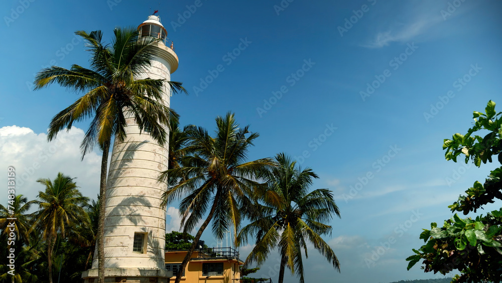 White lighthouse on the coast. Action. Palm trees and beautiful sea shore.