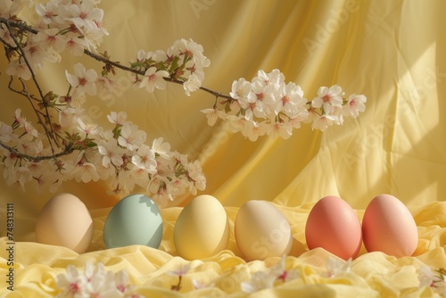 Pastel Easter Eggs on Yellow Fabric with Cherry Blossoms Overhead