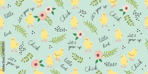 Funny seamless pattern with chick,hand lettering and floral elements.Cartoon background with cute animals,flowers,twigs,handwritten and dots.Spring summer banner template.Hand drawn illustration. 