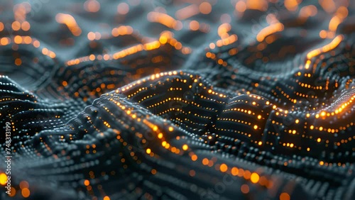 Abstract visualization of artificial intelligence algorithms with glowing orange and blue nodes on a dynamic, undulating dark surface photo