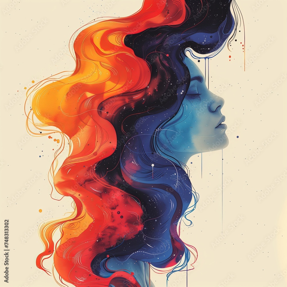 Empowered Woman: Abstract Vintage Watercolor Portrait with Orange and Blue Hair