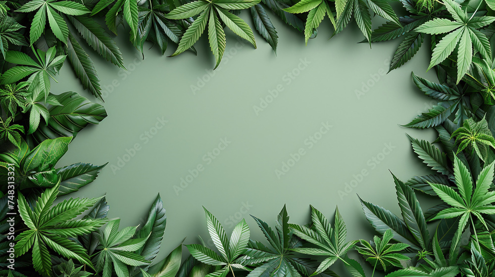 green canabis leaves framing text space in the center in painting style background