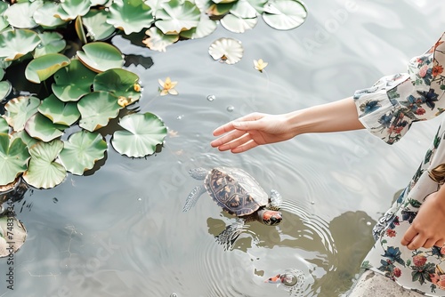 Western Painted Turtle Gently Released into a Lake Amidst Water Lilies photo