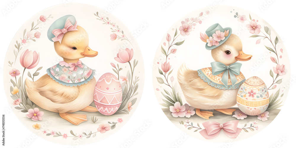 Cute duck in Easter eggs and flowers isolated on transparent background. Spring happy easter concept in vintage shabby chic style. Pastel cartoon kid`s book illustration of duckling. Design for banner Cute duck in Easter eggs and flowers isolated on transparent background. Spring happy easter concept in vintage shabby chic style. Pastel cartoon kid`s book illustration of duckling. Design for banner