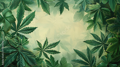 green canabis leaves framing text space in the center in painting style background