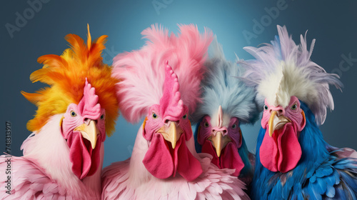 A group of colorful cocks are looking at the camera. The concept of fantasy, surrealism.