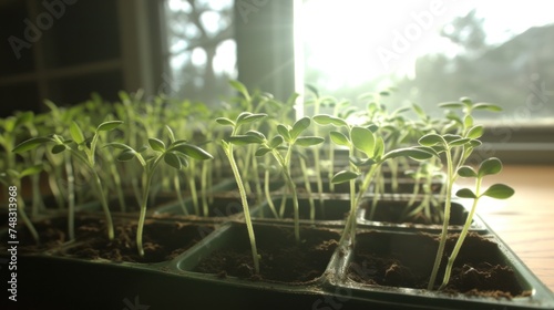a close up of a group of plants growing in a potted planter on a wooden table in front of a window.