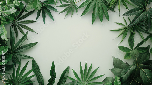 green canabis leaves framing text space in the center in painting style background