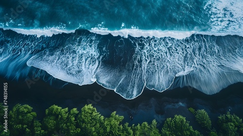 Black, volcanic beach, Aerial drone view of moody atlantic ocean wave on black sand beach in summer 