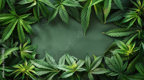 green canabis leaves framing text space in the center in painting style background