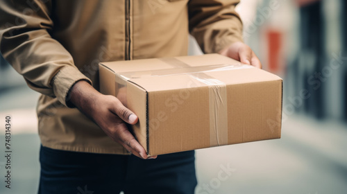 A delivery person in a brown jacket holding a cardboard package with care, ready to hand it to a customer. The focus is on the package